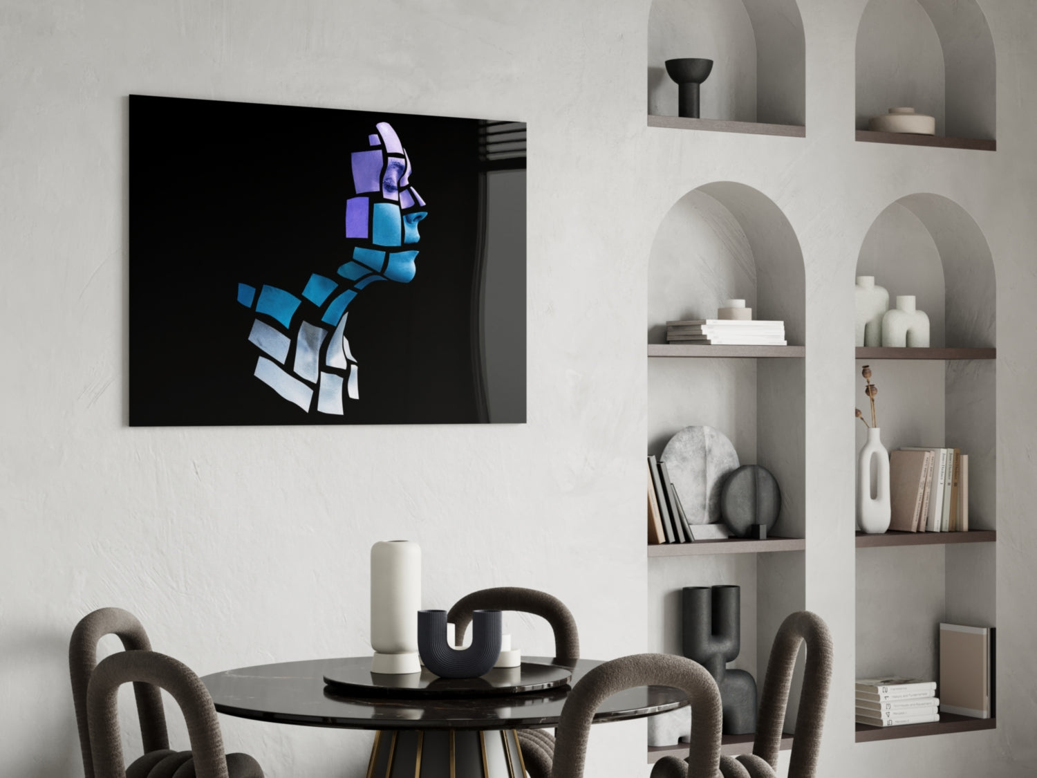Blue Cube Mosaic Face Profile Glass Wall Art