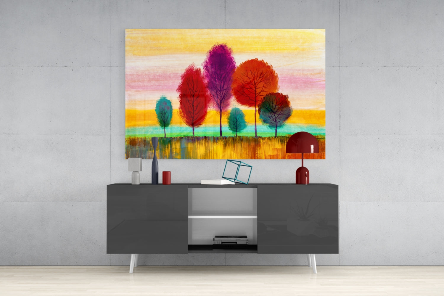 Slender Trees Golden Sunset Sky Glass Wall Art