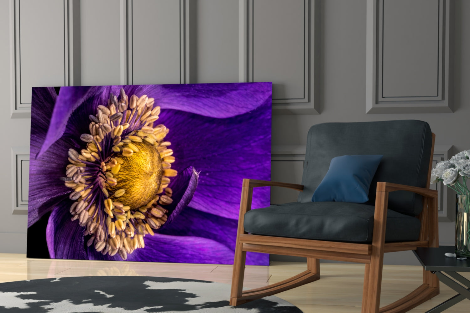 Purple Anemone Macro Yellow Flower Glass Wall Art