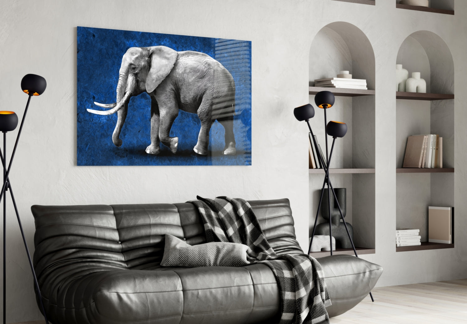 Grayscale Elephant Blue Backdrop Glass Wall Art