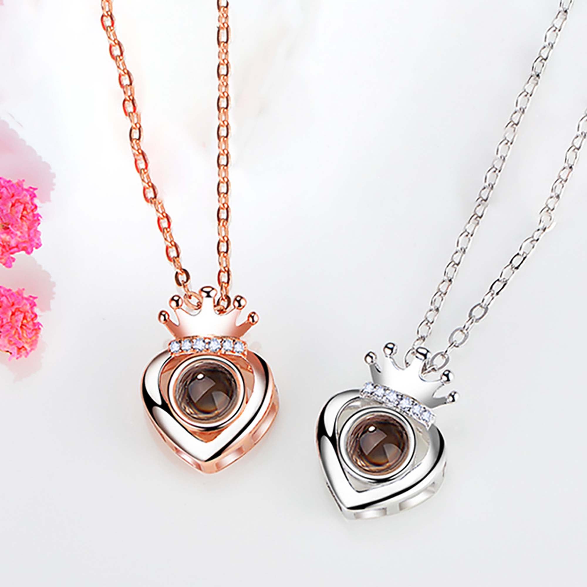Customized Projection Photo Rose Gold Silver Color Projection Heart Crown Pendant Necklace