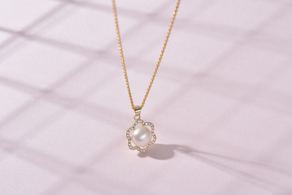 Pearl White Natural Freshwater 8-9mm Silver Gold Plated Flower Zirconia Pendants Necklaces