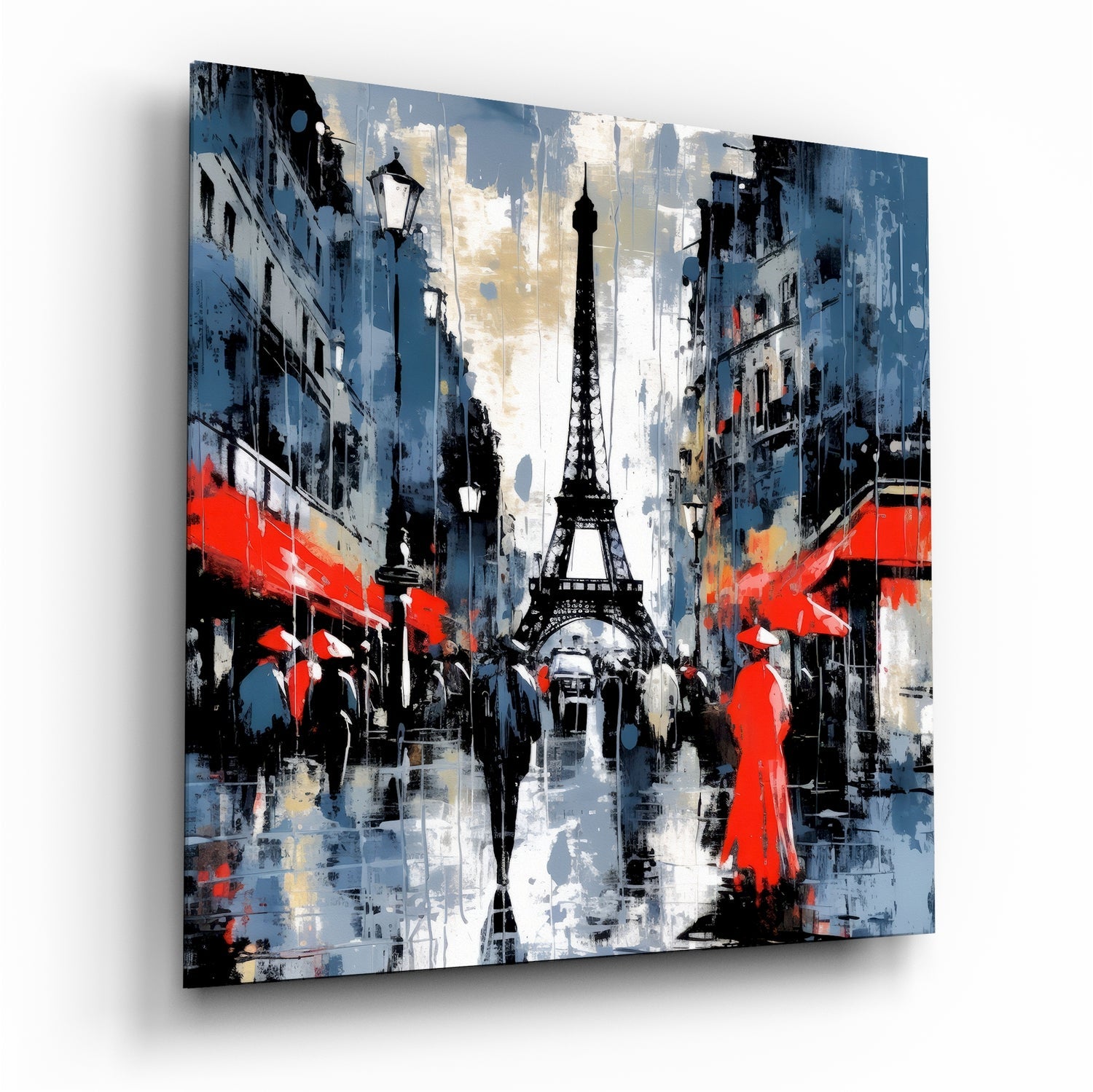Red Coated Figure on Blue Street Glass Wall Art