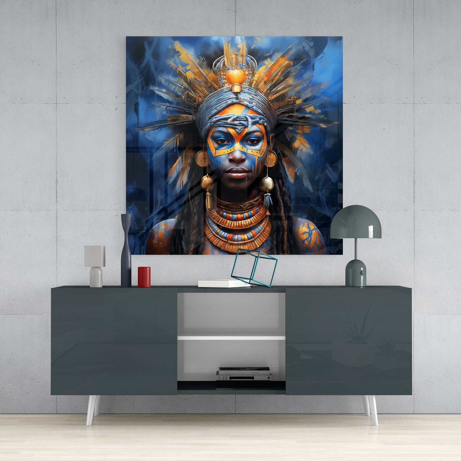 Blue and Gold Tribal Queen Feather Crown Glass Wall Art