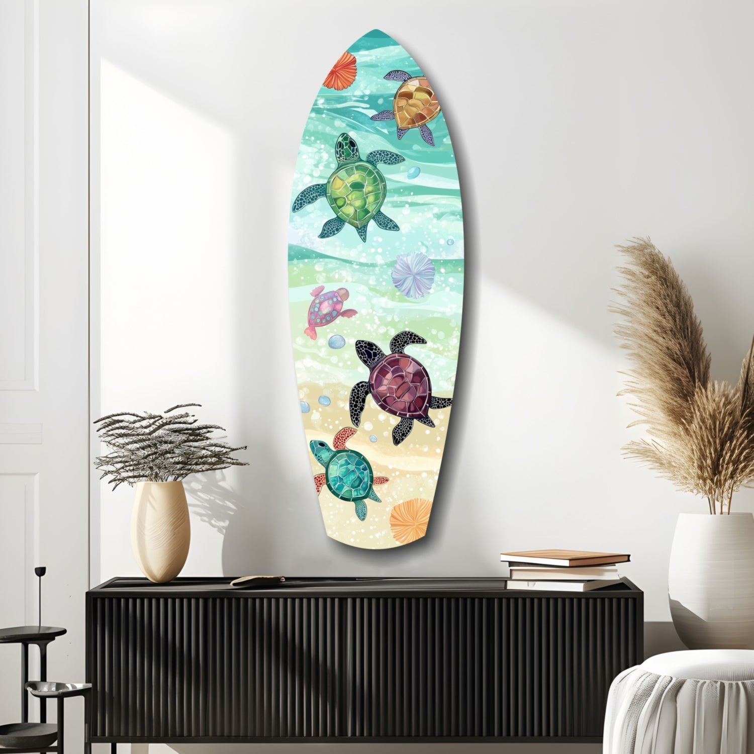 Surfboard Shaped Baby Turtles Glass Wall Art