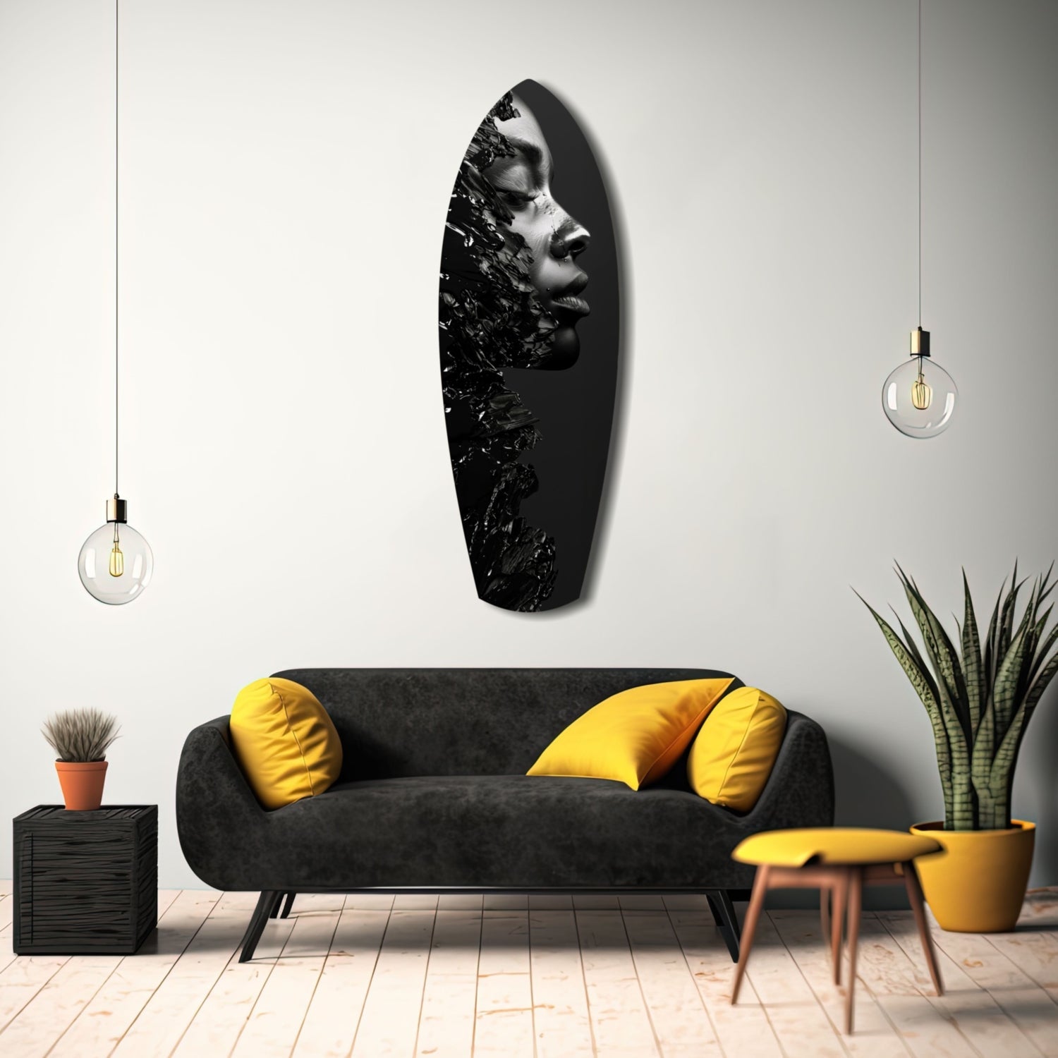 Black Splash Profile Surfboard Glass Wall Art
