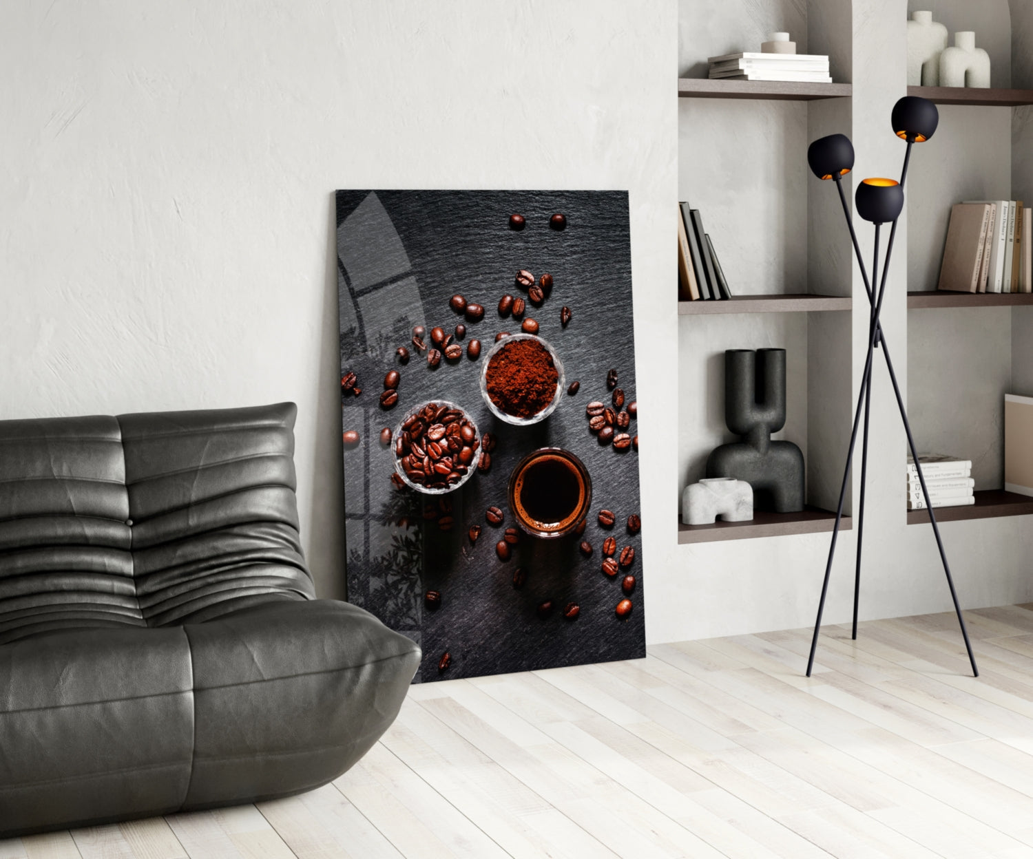 Overhead Coffee Beans And Grounds Glass Wall Art