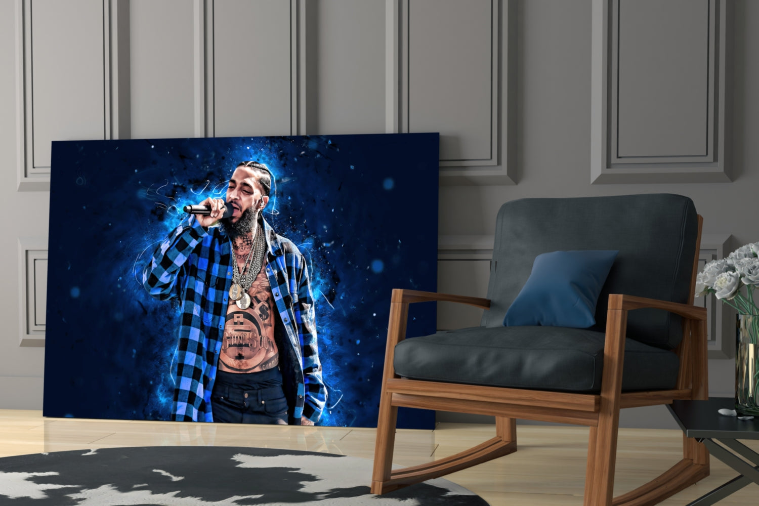 Midnight Blue Smoke Mic Rapper Glass Wall Art