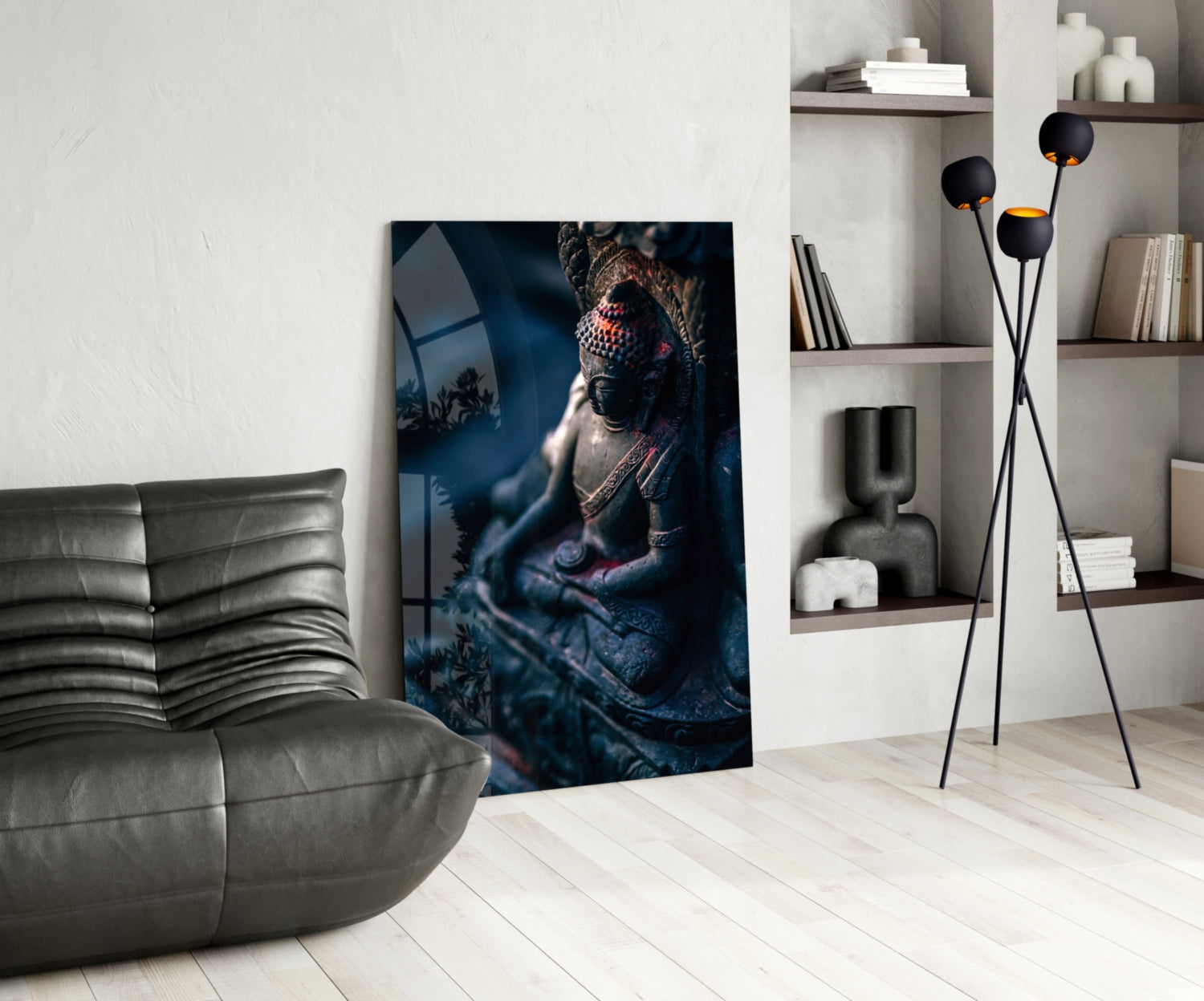 Moody Blue Deity Statue Glass Wall Art