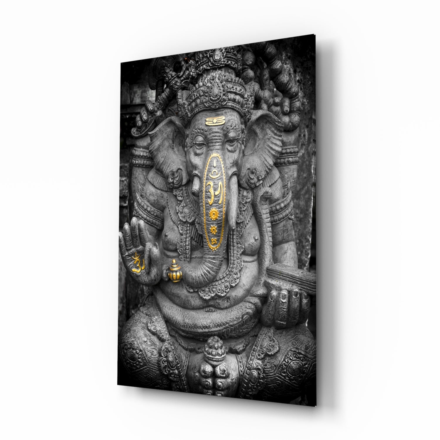 Gold Accented Stone Statue Ganesha Glass Wall Art