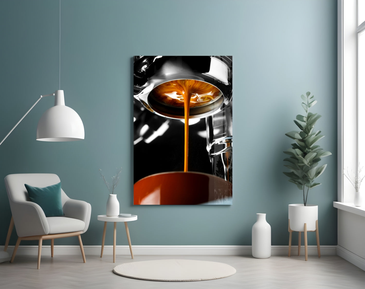 Espresso Pour From Portafilter Closeup Glass Wall Art