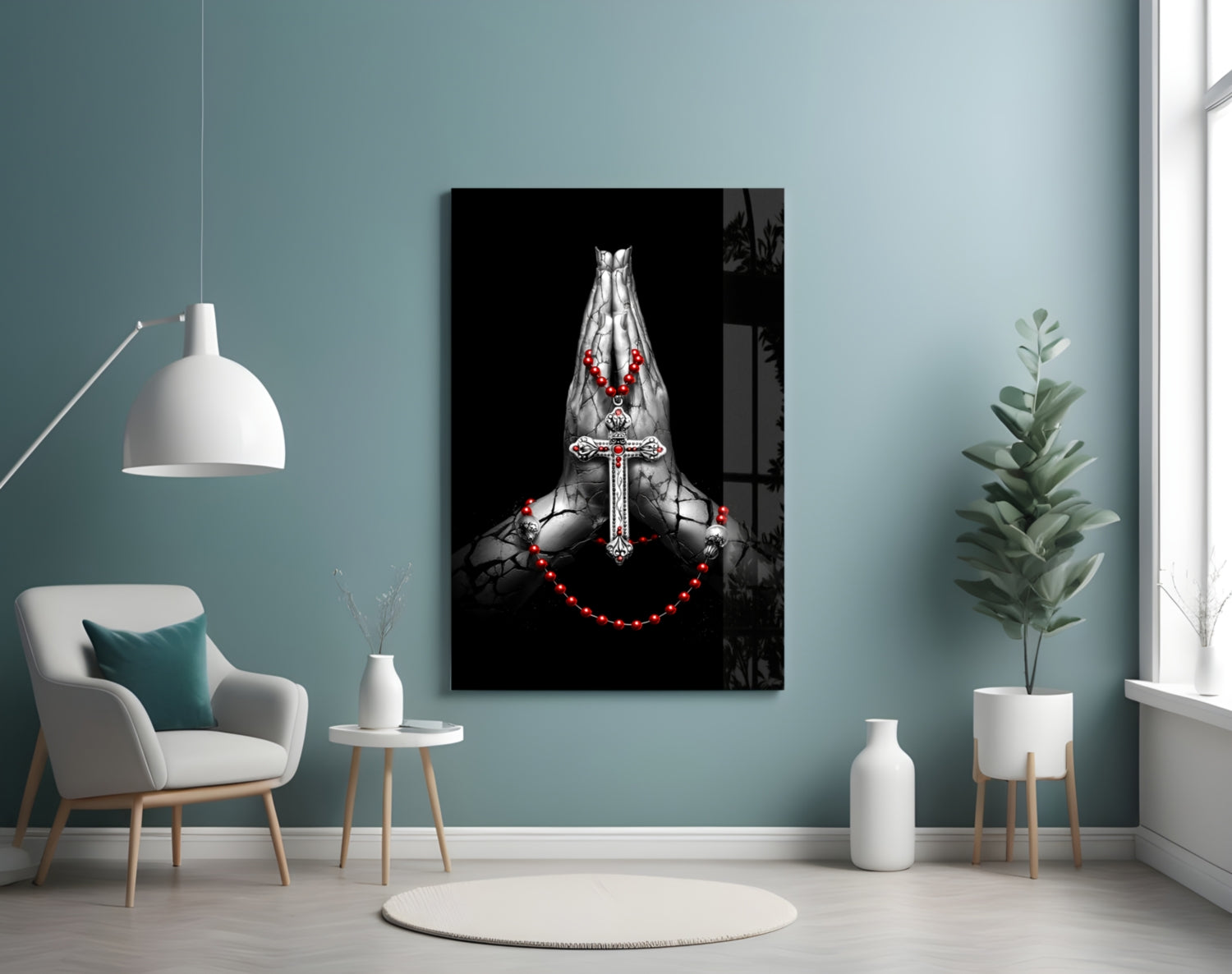 Praying Hands Red Rosary Cross Glass Wall Art