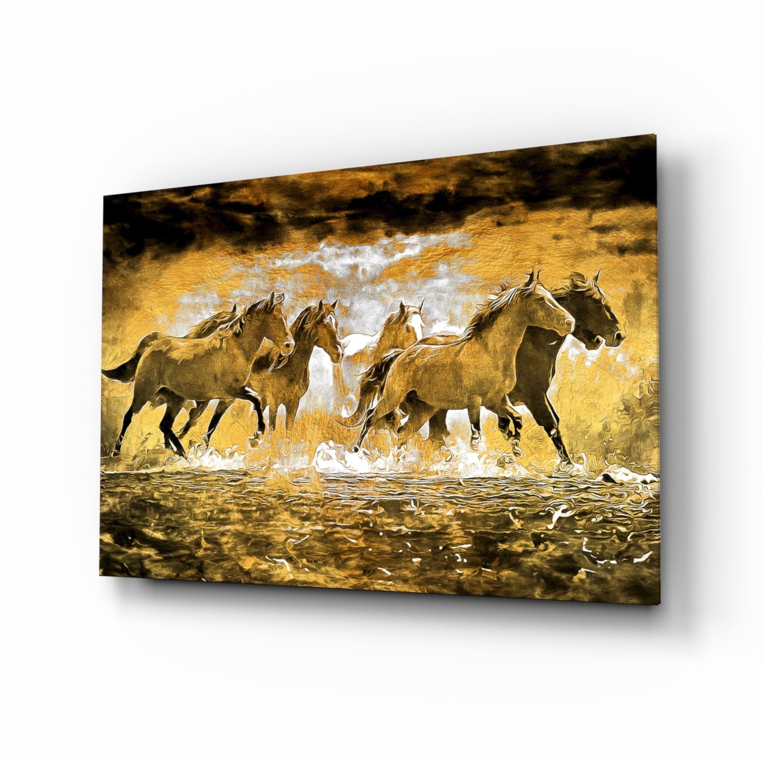 Running Horse Herd Golden Water Glass Wall Art