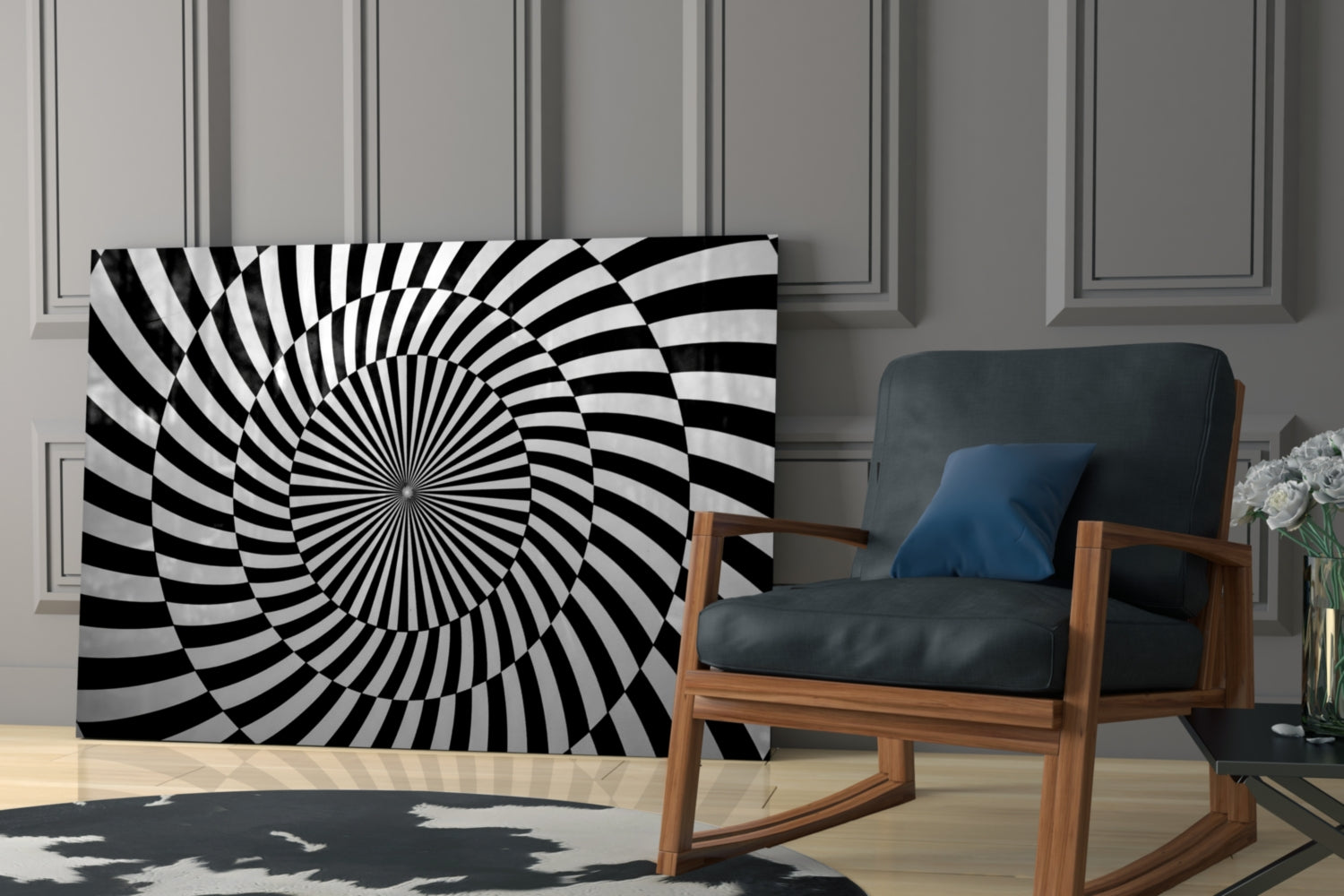 Black and White Optical Spiral Art Glass Wall Art