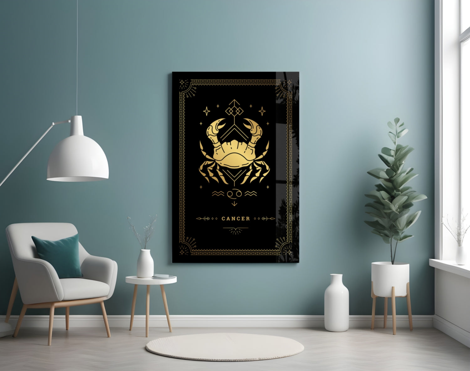 Gold Crab Zodiac Card on Black Glass Wall Art