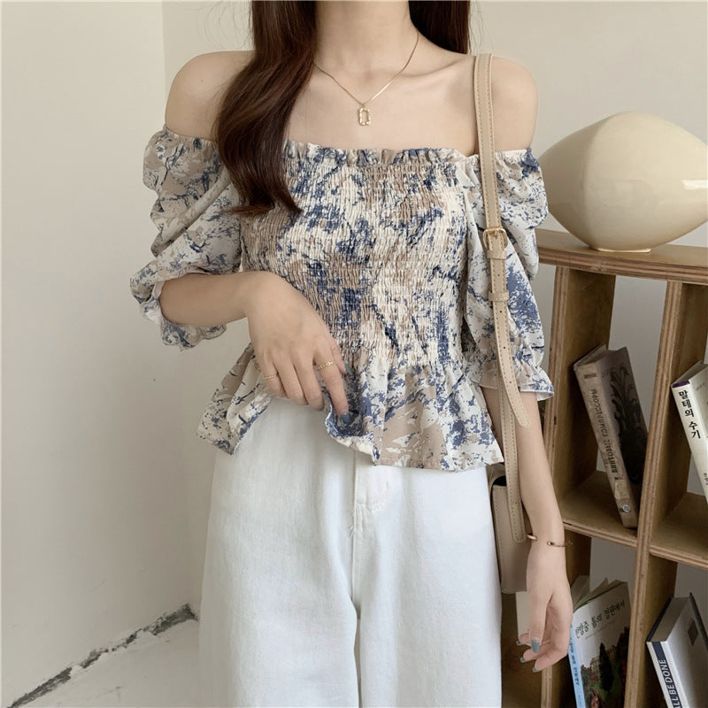 Slim Blouse French Style Tops Leaves Flower Print  Shirt women Elastic Body women&