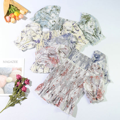 Slim Blouse French Style Tops Leaves Flower Print  Shirt women Elastic Body women&