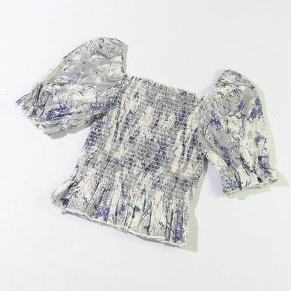 Slim Blouse French Style Tops Leaves Flower Print  Shirt women Elastic Body women&
