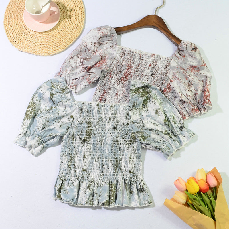 Slim Blouse French Style Tops Leaves Flower Print  Shirt women Elastic Body women&