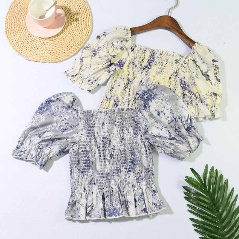 Slim Blouse French Style Tops Leaves Flower Print  Shirt women Elastic Body women&