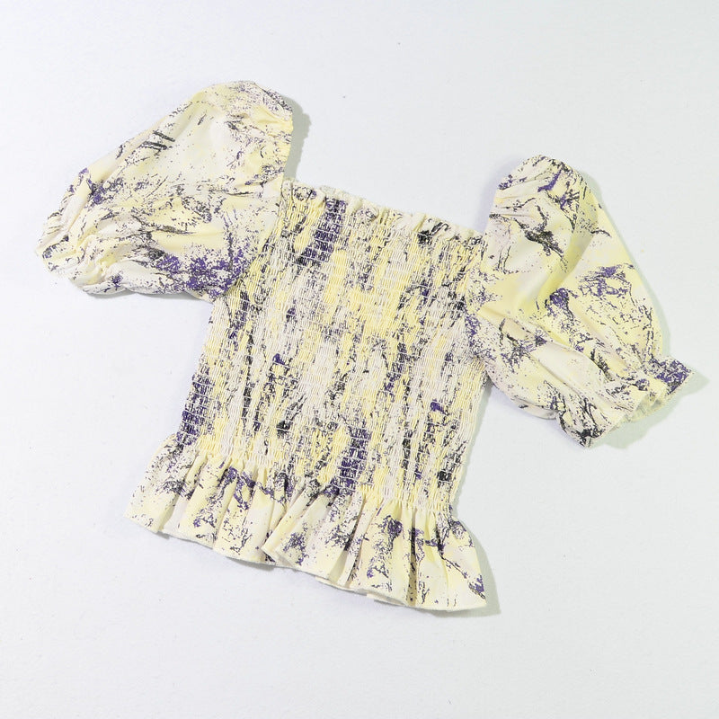 Slim Blouse French Style Tops Leaves Flower Print  Shirt women Elastic Body women&