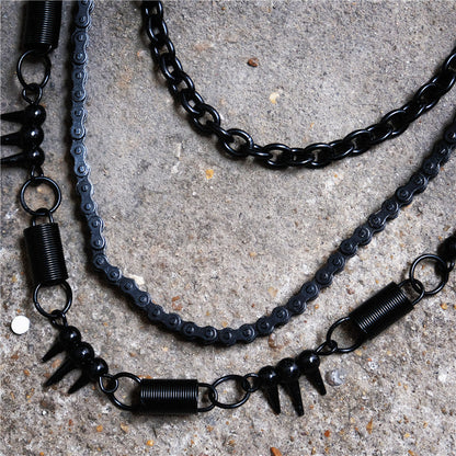 Black bicycle chain spring spiked three-layer metal trouser chains