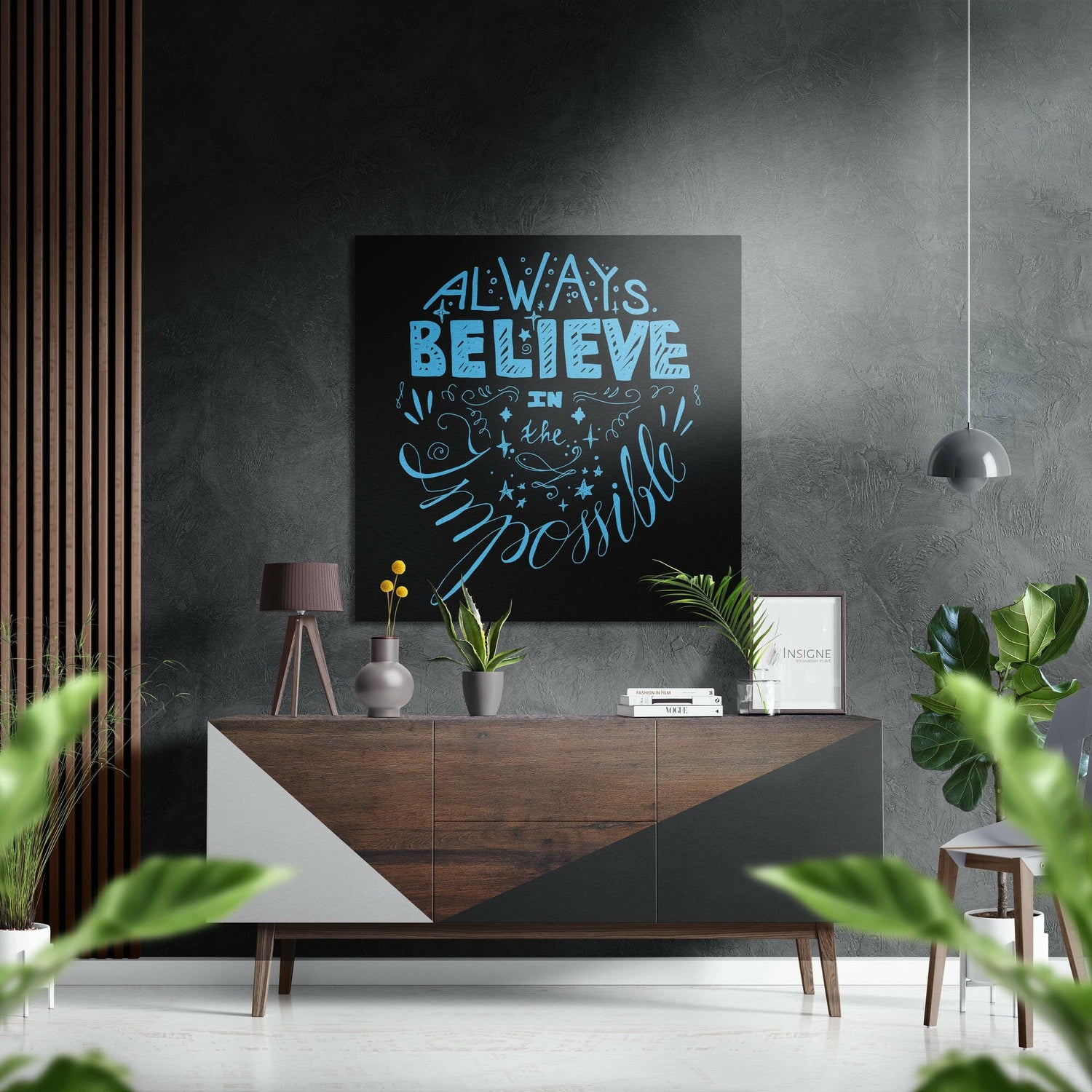 Sky Blue Lettering Believe Quote on Black Brushed Aluminium Dibond Wall Art
