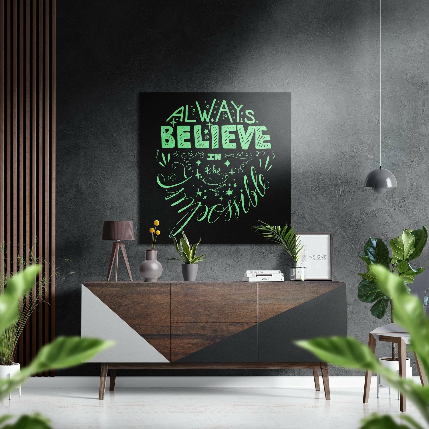 Mint Green Lettering Believe Quote on Black Brushed Aluminium Dibond Wall Art