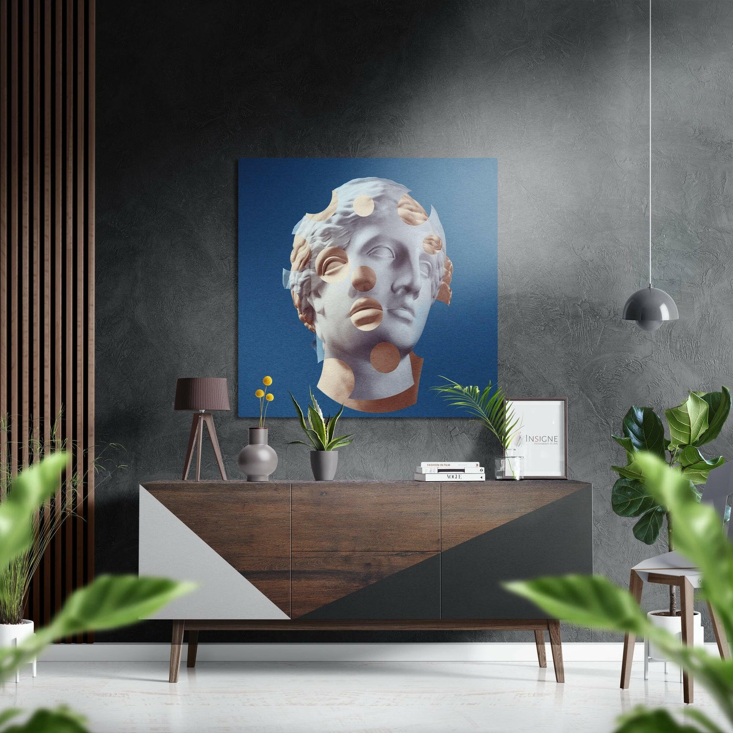 Blue Fragmented Statue Face Brushed Aluminium Dibond Wall Art