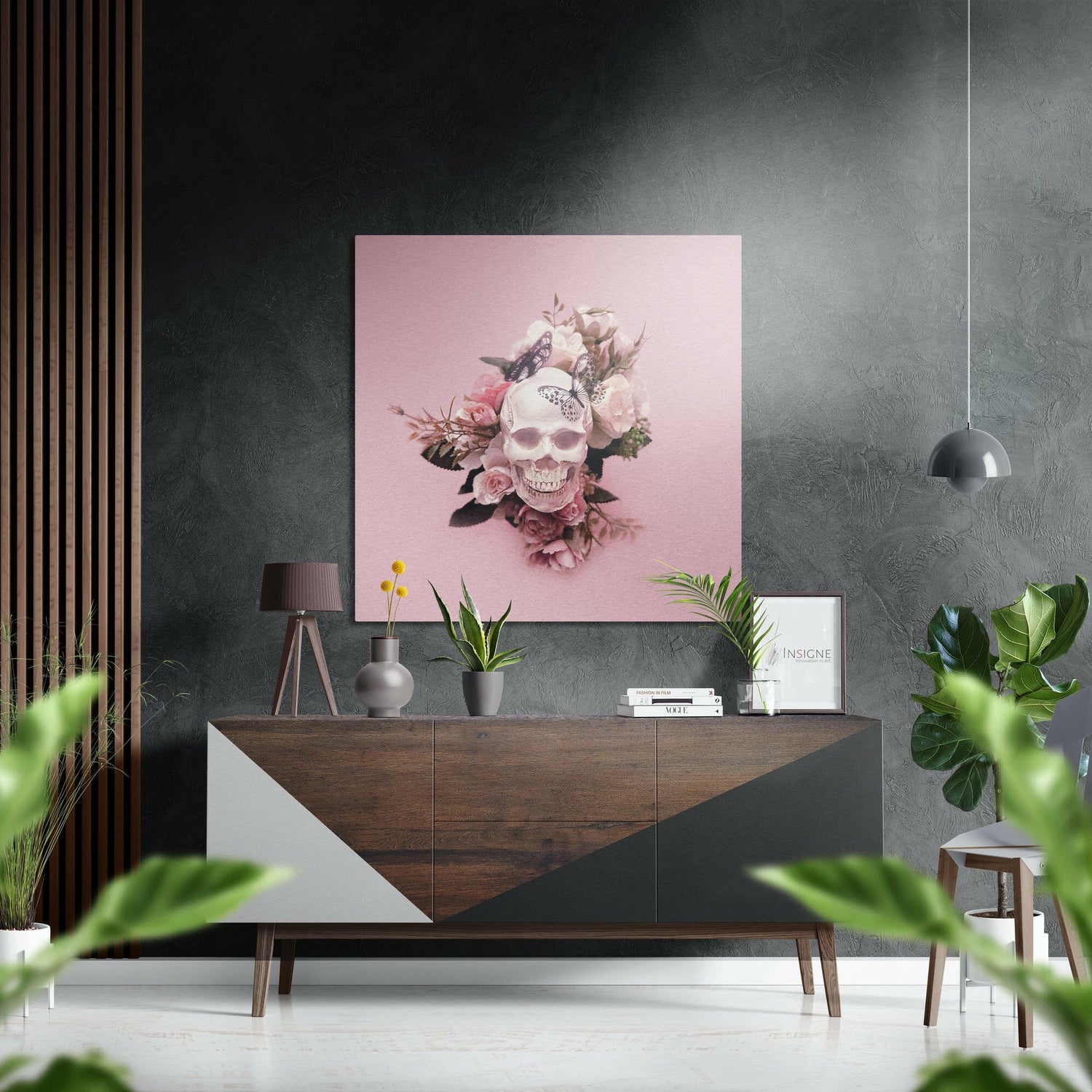 Blush Pink Floral Butterfly Skull Brushed Aluminium Dibond Wall Art