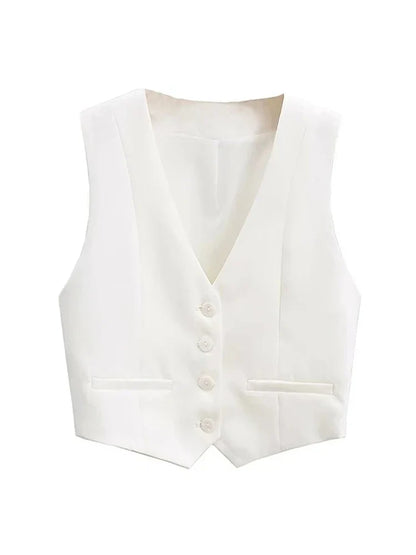 Vintage V Neck Sleeveless Female Outerwear White Chic Vests