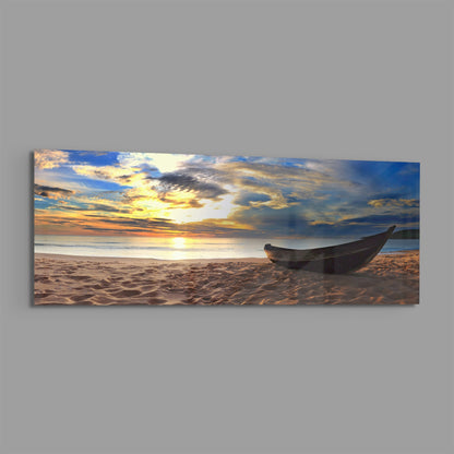 Wooden Boat Sunset Sandy Beach Glass Wall Art