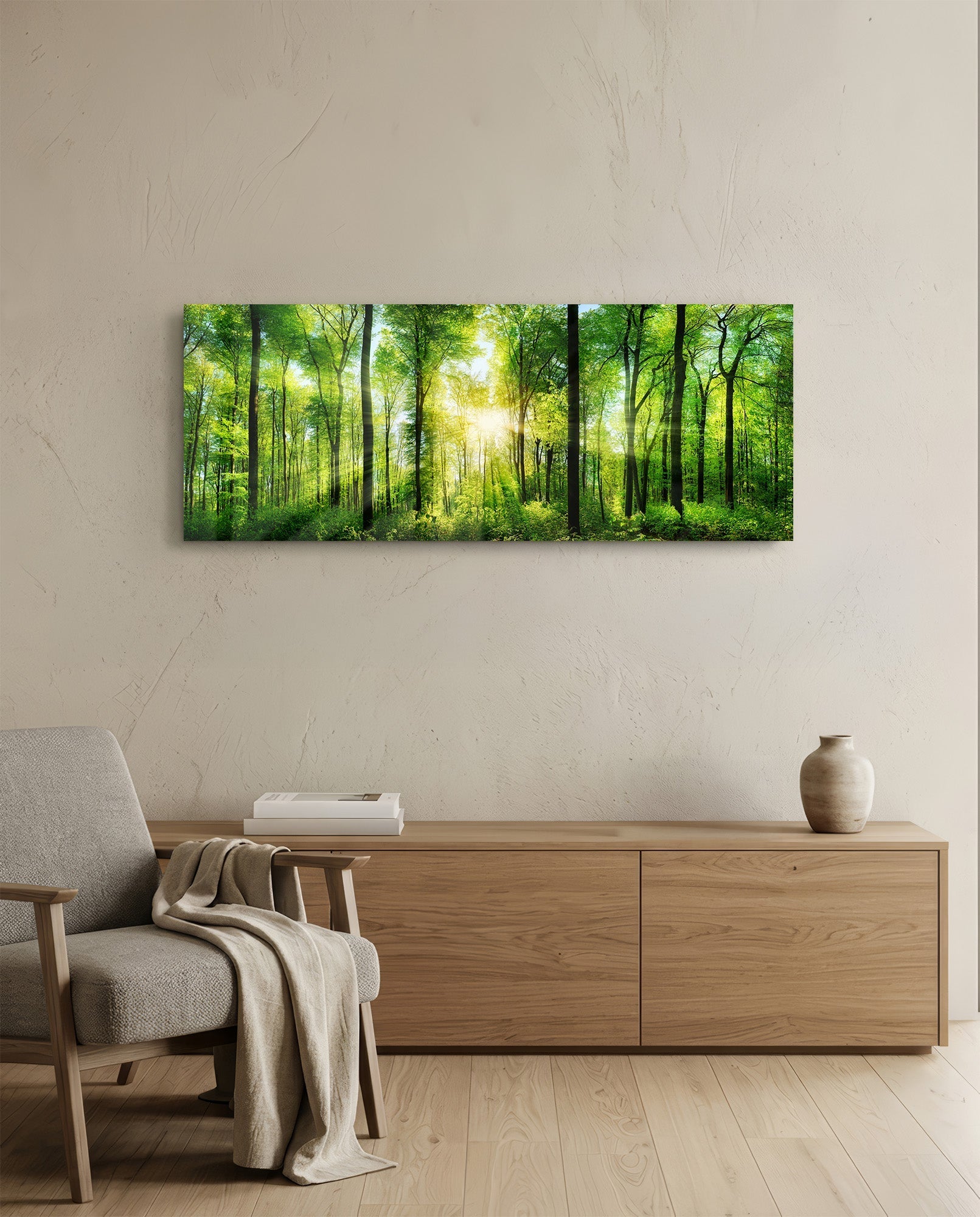 Sunburst Through Green Beech Forest Glass Wall Art