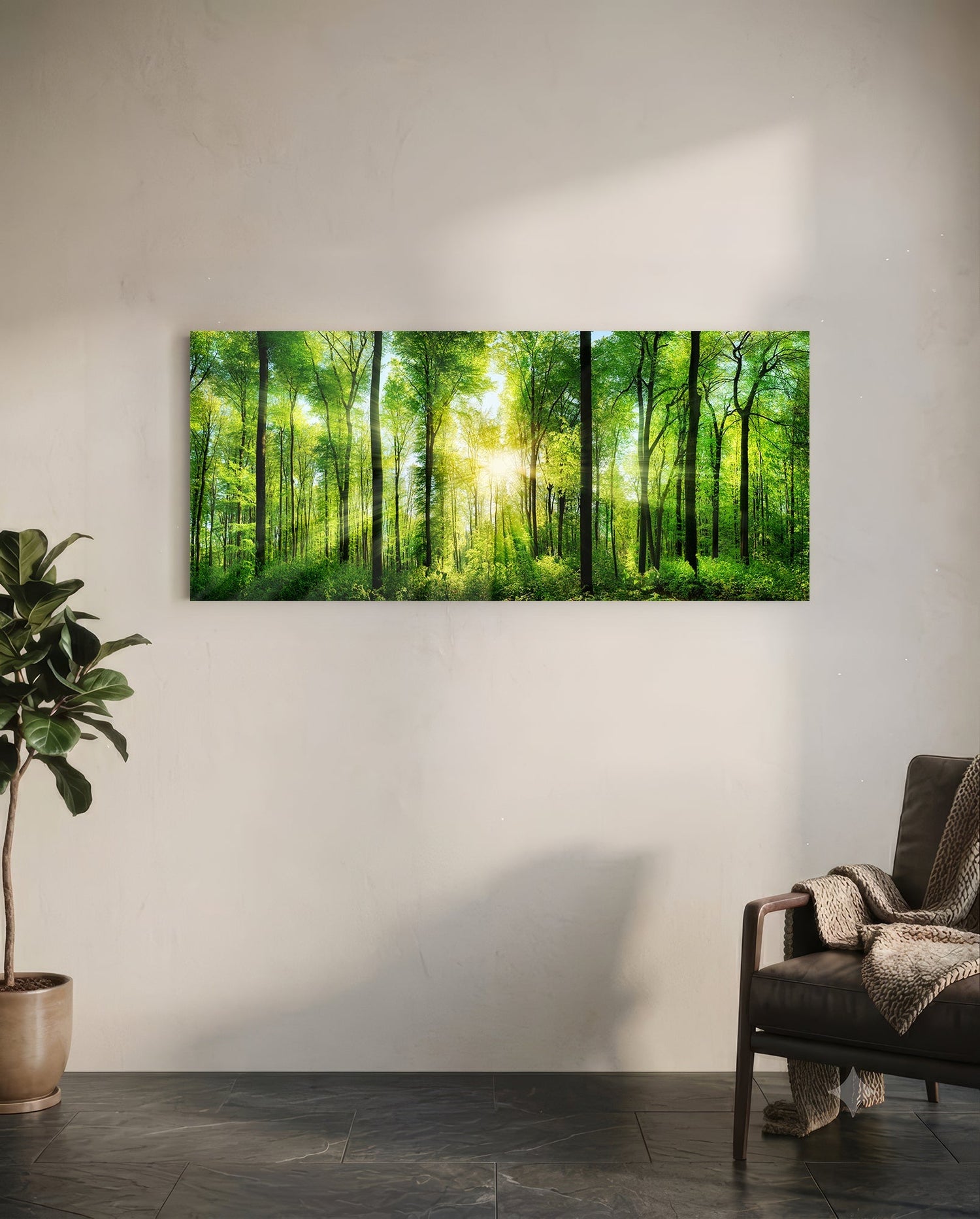 Sunburst Through Green Beech Forest Glass Wall Art