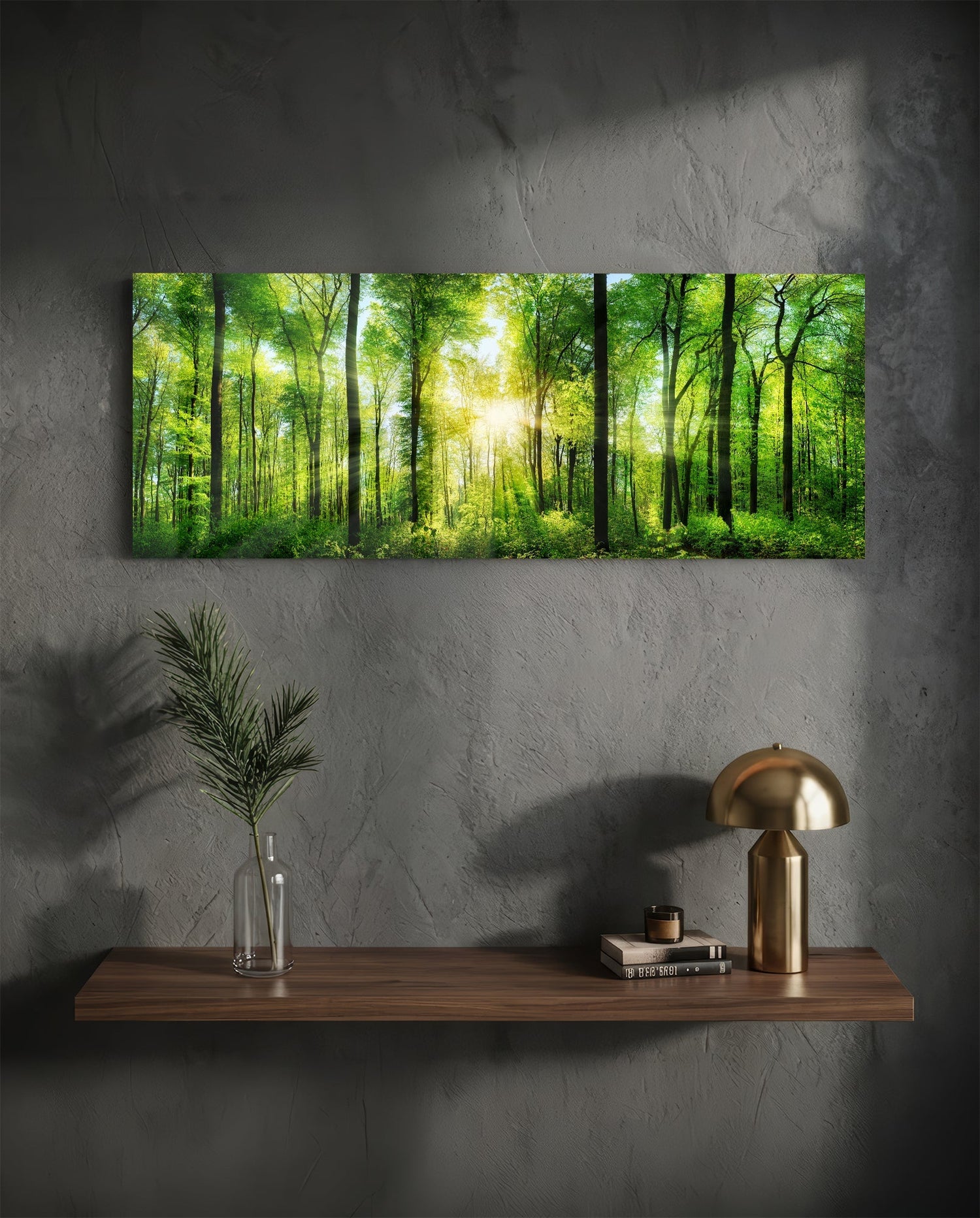 Sunburst Through Green Beech Forest Glass Wall Art