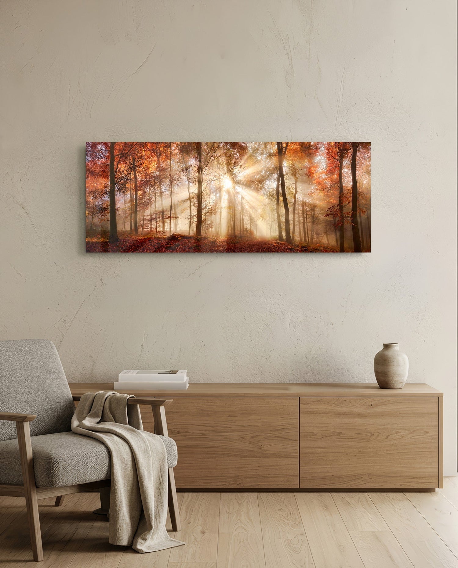 Amber Autumn Forest Light Rays Glass Wall Art