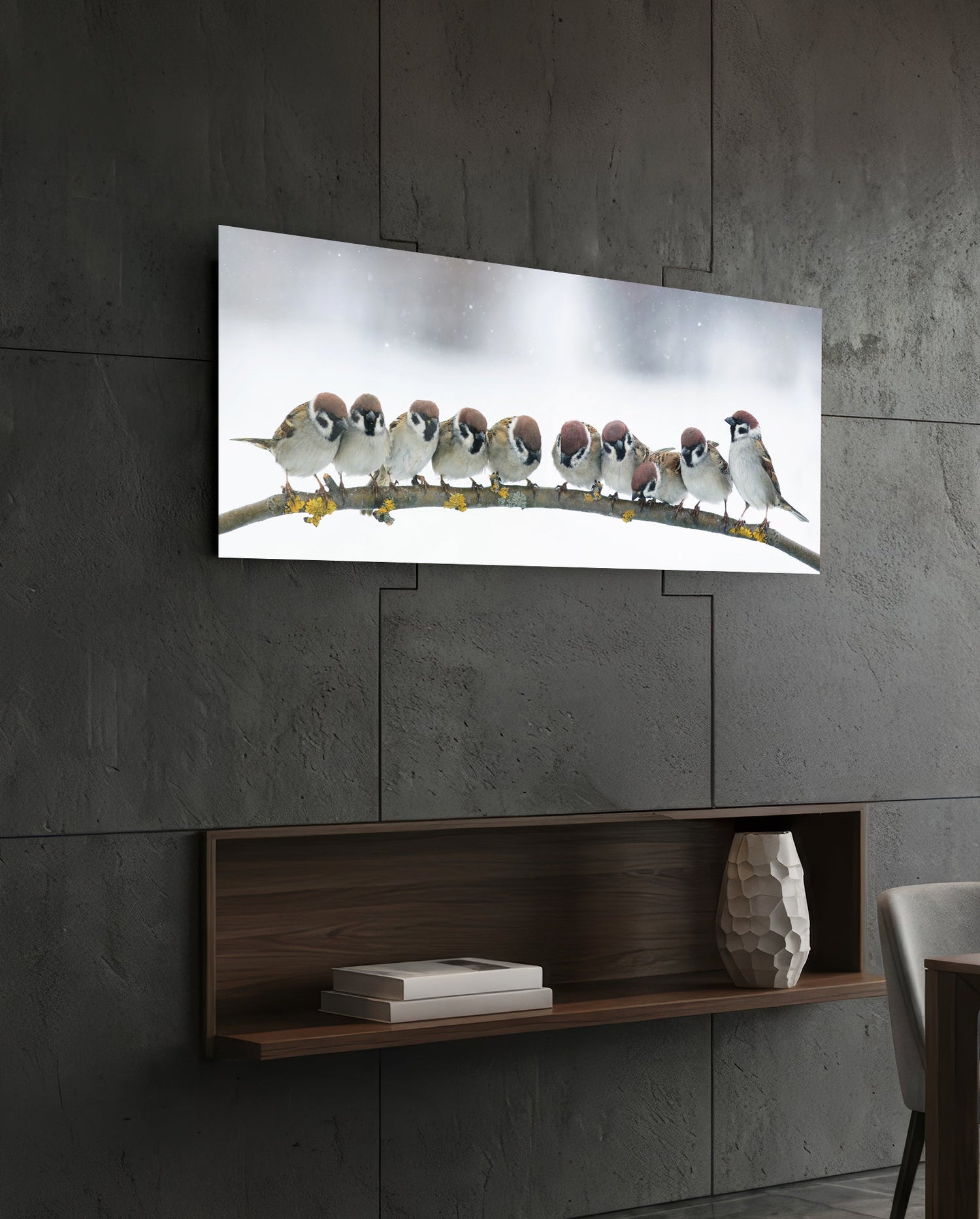 Snowy Sparrow Flock Lichen Branch Glass Wall Art
