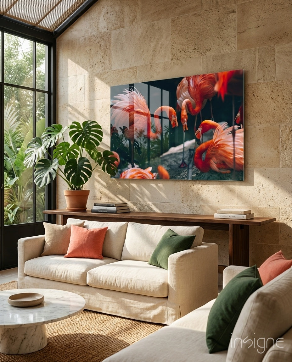 Tropical Foliage Pink Flamingo Flock Glass Wall Art