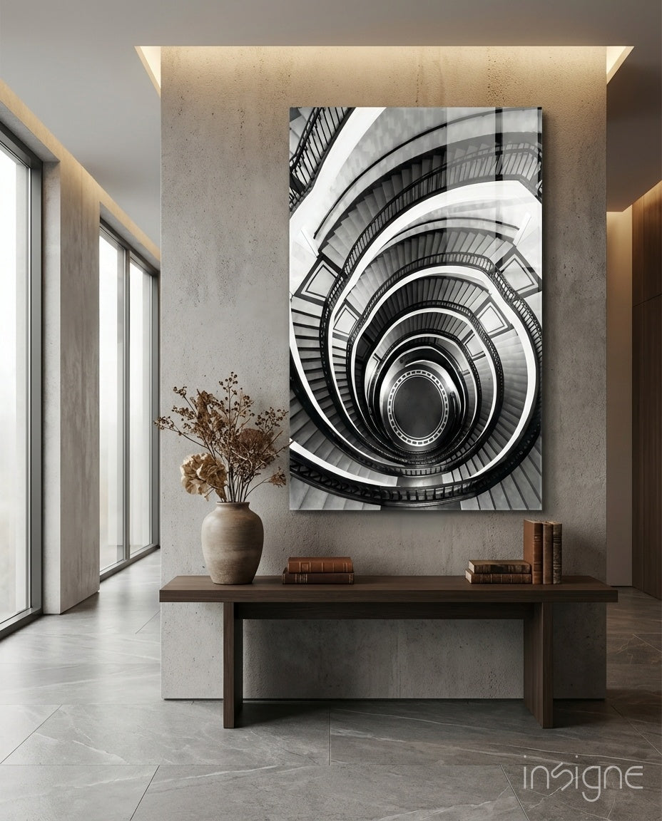 Monochrome Spiral Staircase From Above Glass Wall Art