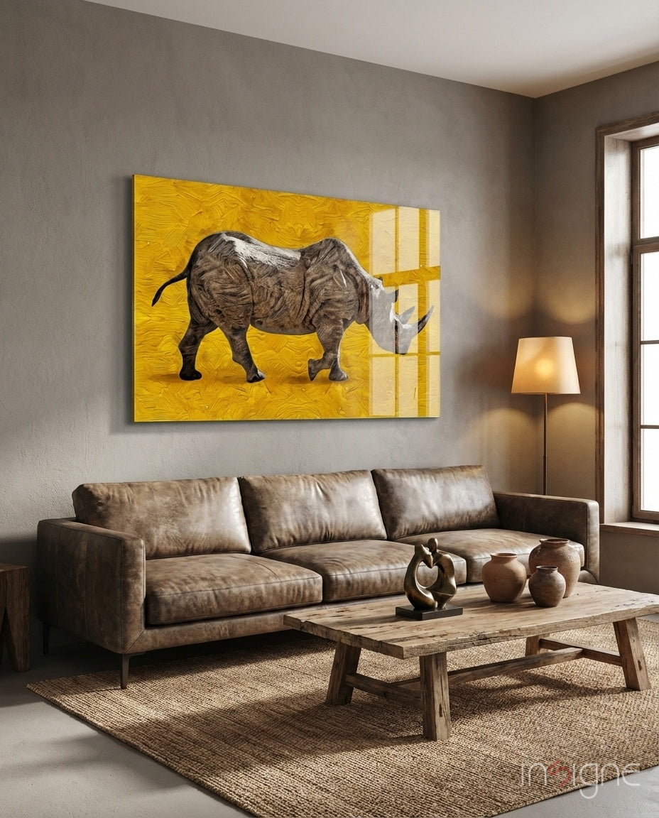 Golden Yellow Rhino Glass Wall Art