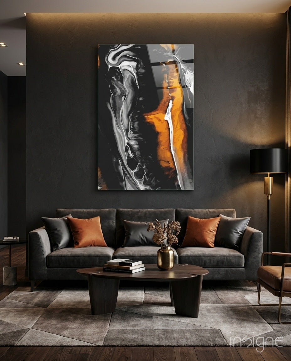 Orange Black Marble Swirl Glass Wall Art