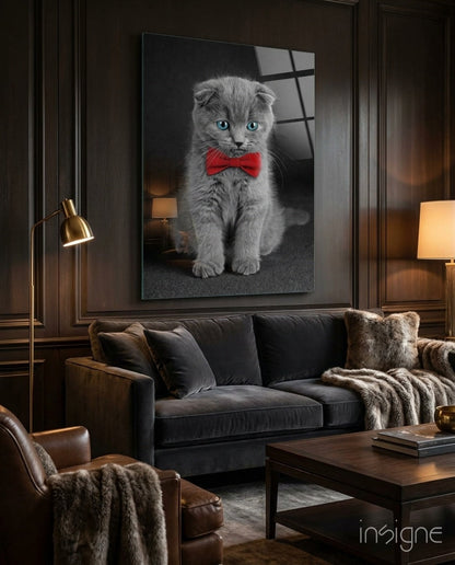 Gray Kitten Red Bow Tie Glass Wall Art