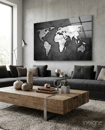 Silver Foil World Map Dark Glass Wall Art