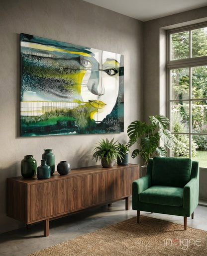 Green Watercolor Face Glass Wall Art