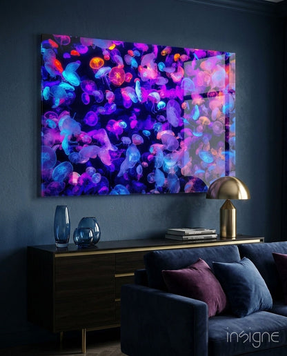 Glowing Jellyfish Bloom Neon Glass Wall Art