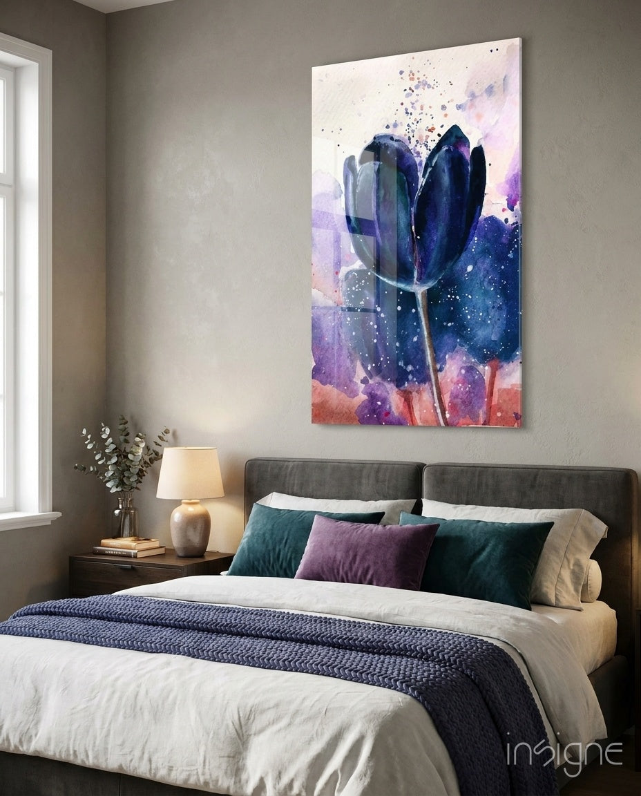 Navy Indigo Tulip on Lilac Wash Glass Wall Art