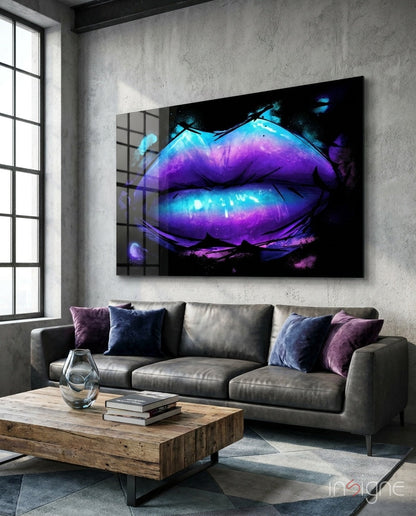 Purple Turquoise Galaxy Painted Lips Glass Wall Art