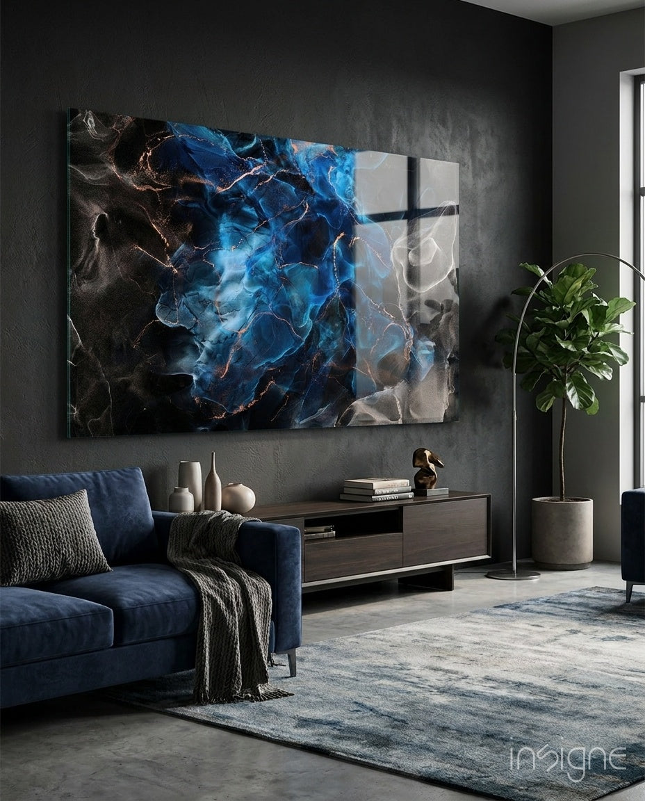 Sapphire Blue Ink Flow Glass Wall Art