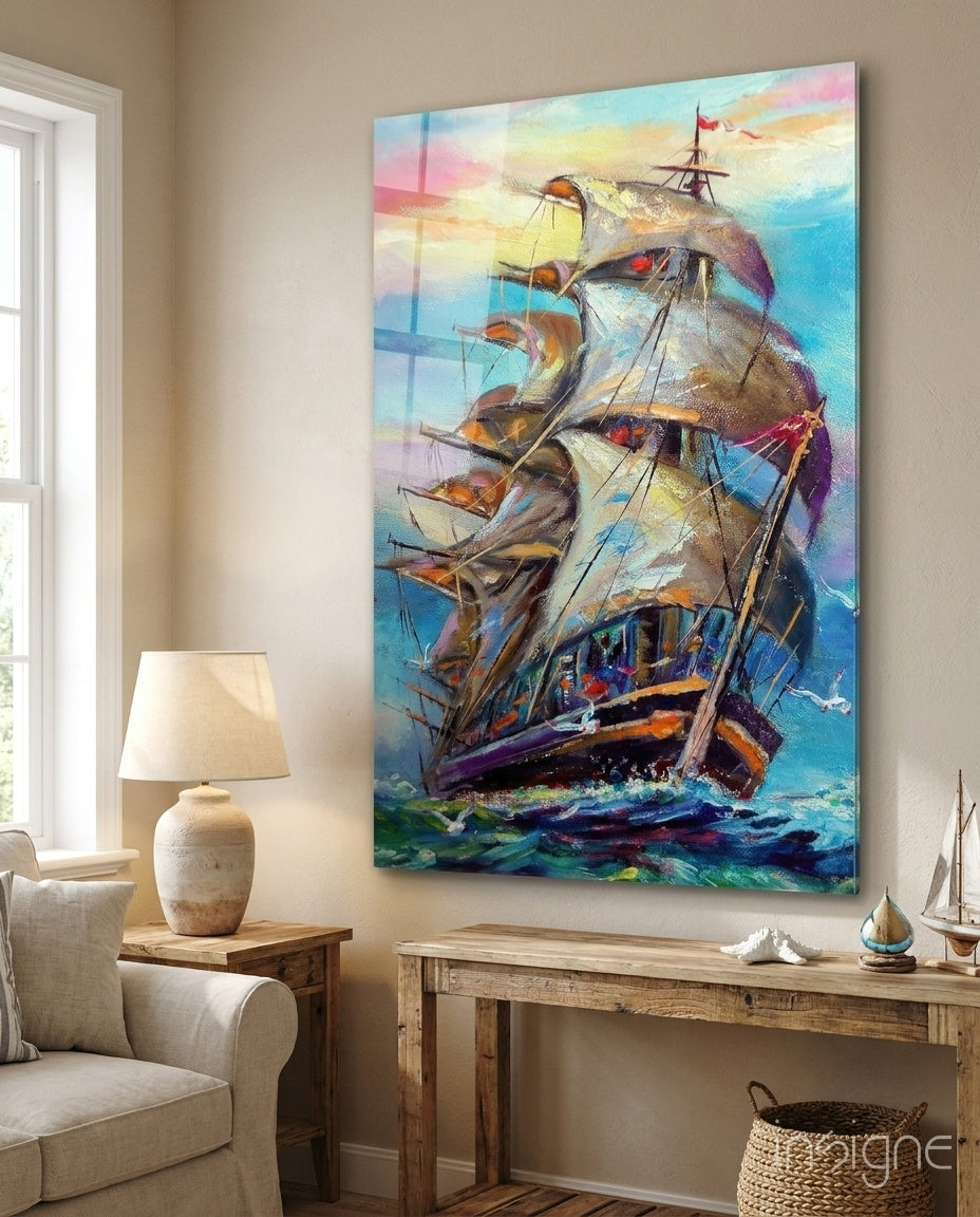 Tall Ship Under Pastel Sky Painting Glass Wall Art