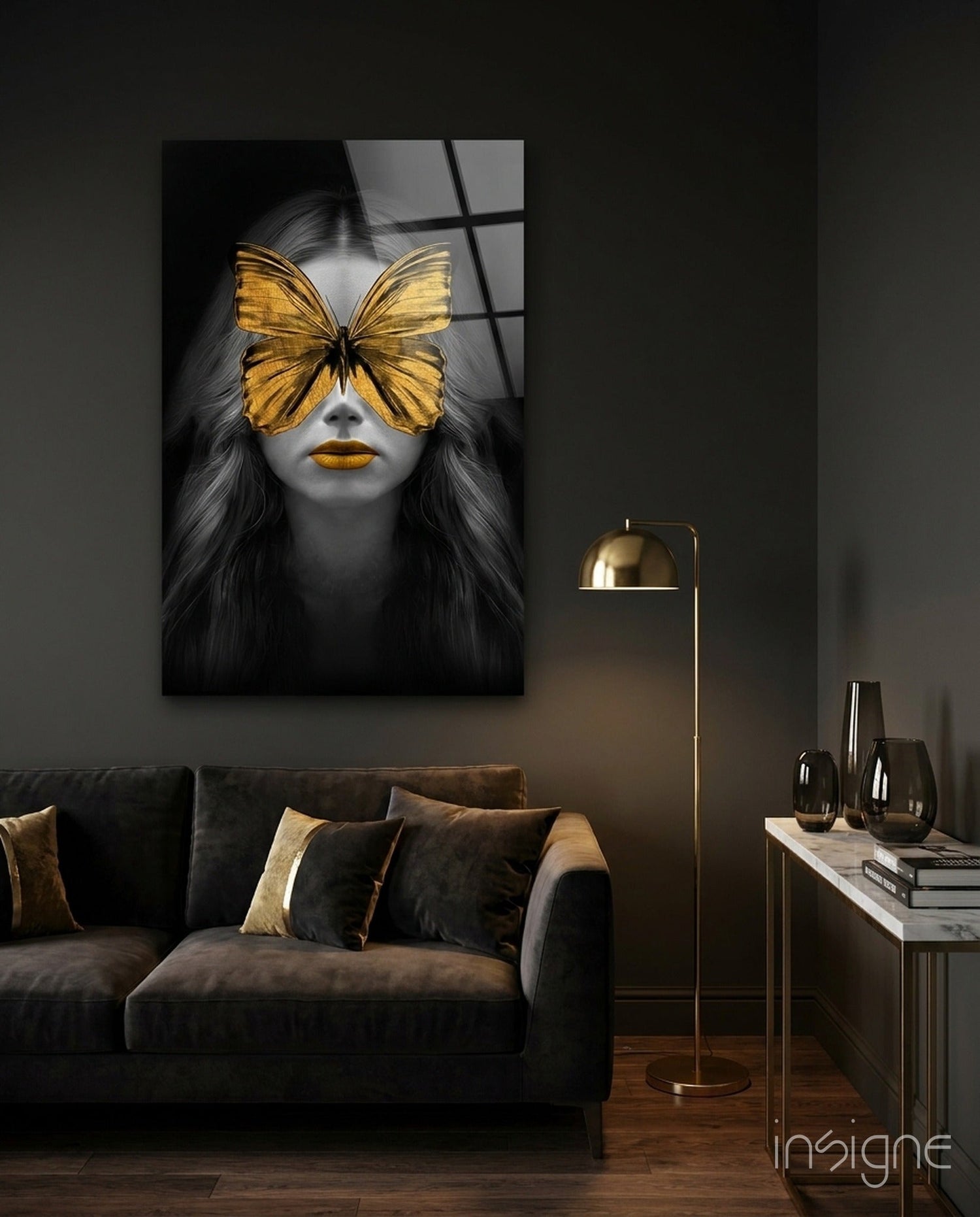 Golden Butterfly Mask Woman Portrait Glass Wall Art
